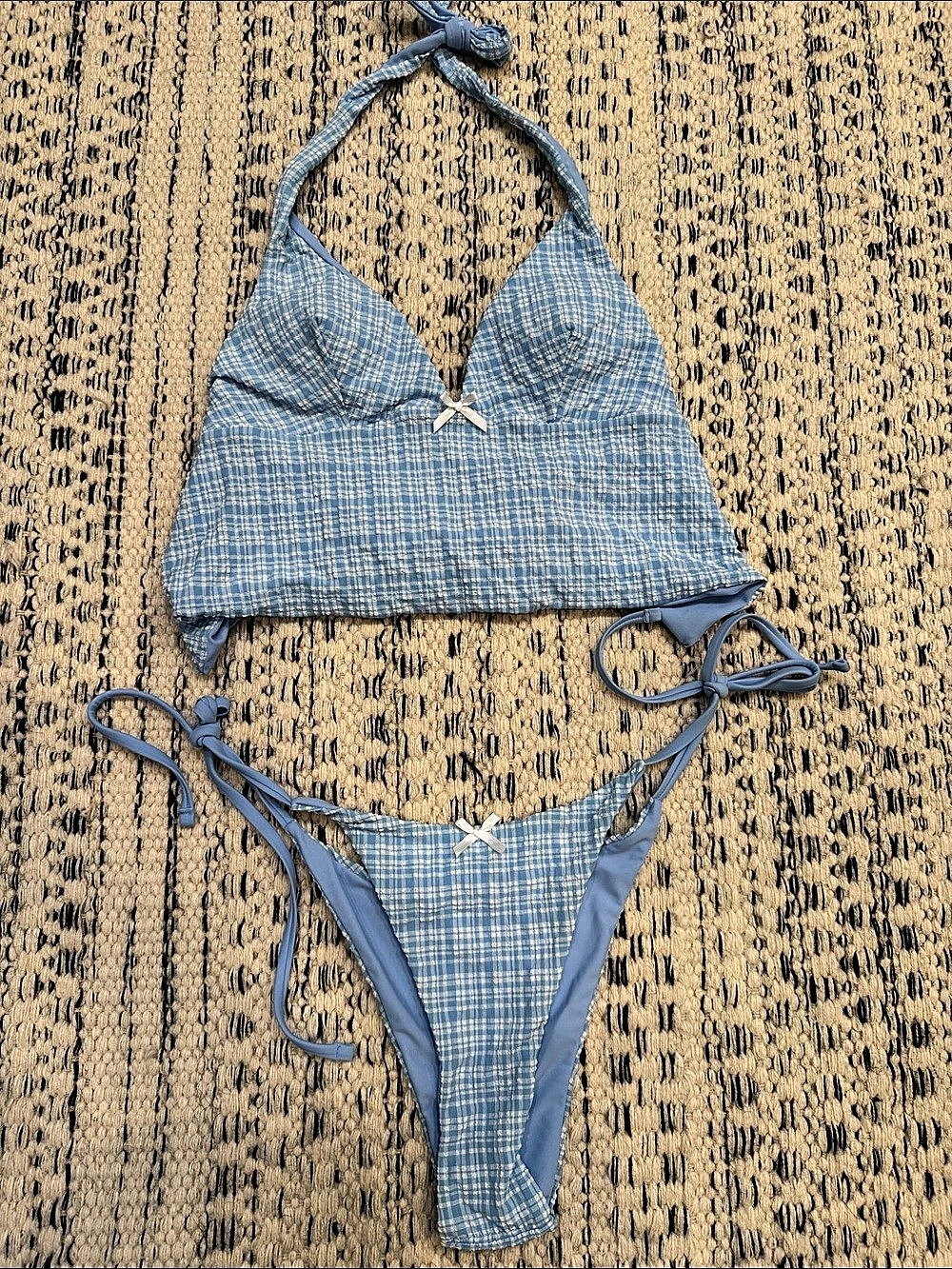 Samiol Plaid Bikini Set in Blue & White Size Medium